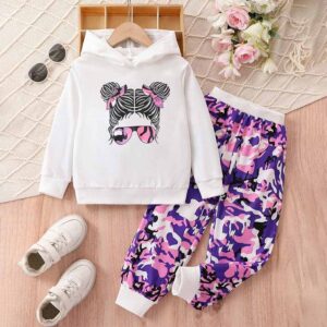 Kids Toddler Girls Casual Cute Cartoon Girls Print Long Sleeve Hoodies Camouflage Trousers Set