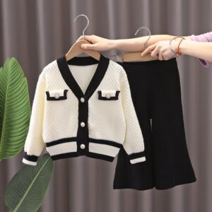Kids Toddler Girls Casual Cute Chic Long Sleeve Cardigan Knitted Trousers Set