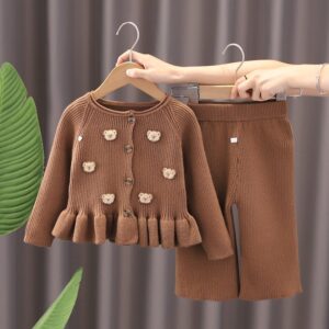 Kids Toddler Girls Casual Cute Cartoon Bear Long Sleeve Cardigan Knitted Trousers Set