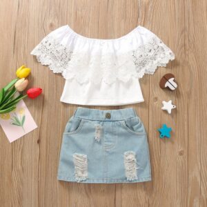 Kids Toddler Girls Summer Casual Cute Off Shoulder Lace Top Denim Skirt Set