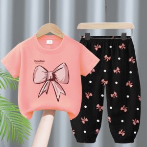 Kids Toddler Big Girls Fashion Casual Bow Print Short Sleeve T-Shirt Trousers Set