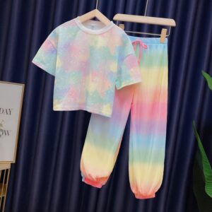 Kids Toddler Big Girls Fashion Casual Rainbow Gradient Color Smiley Face Short Sleeve T-Shirt Trousers Set