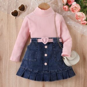 Kids Toddler Girls Fashion Casual Cute Solid Color Stripe Long Sleeve Turtle Neck Knitted Top Denim Skirt Set