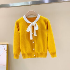 Kids Toddler Big Girls Spring Autumn Fashion Casual British Style Bow Long Sleeve Cardigan Knitted