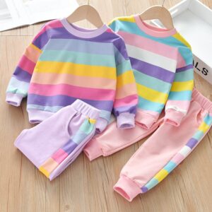 Kids Toddler Big Girls Casual Cute Rainbow Stripe Long Sleeve Sweatshirts Trousers Set