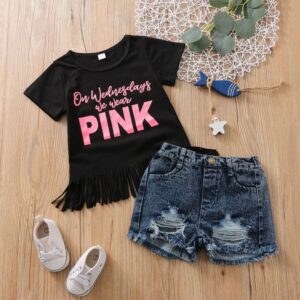 Kids Toddler Girls Casual Cute Letter Print Short Sleeve T-Shirt Denim Shorts Set