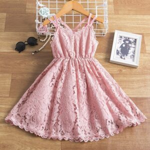 Girls Basic Solid Color Lace Hollow Out Sling Princess Dress