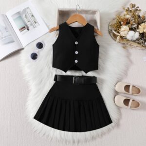 Girls Fashion Solid Color Pleated Skirt Two-Piece Set