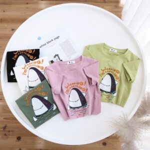 Children Kids Baby Fashion Boys Girls Casual Basic Shark Print Short Sleeve Round Neck T-Shirt