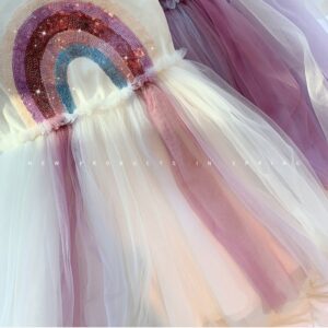 Girls Sweet Round Neck Short Sleeve Rainbow Pattern Mesh Princess Dress