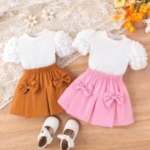 Kids Toddler Girls Cute Sweet Rib-Knit Puff Sleeve Round Neck Top Bow Skirt Set