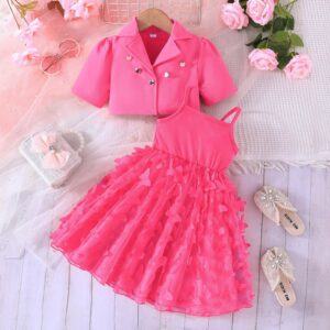 Girls Fashion Solid Color Coat Butterfly Mesh Sling Long Dress Two-Piece Set