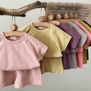 Kids Toddler Boys Girls Casual Cute Solid Color Short Sleeve T-Shirt Shorts Set