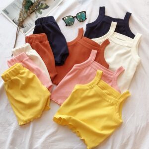 Children Kids Baby Fashion Girls Solid Color Suspenders Top And Shorts 2pcs Set