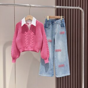 Kids Toddler Big Girls Spring Autumn Fashion Casual Solid Color Long Sleeve False Two-Piece Knitwear Sweater Jeans Set