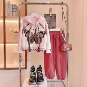 Kids Toddler Big Girls Spring Autumn Fashion Casual Butterfly Long Sleeve Hoodies Trousers Set