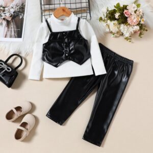 Autumn And Winter Girls Fashion Leather Trousers Three-Piece Set