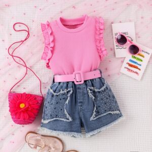 Girls Fashionable Two-Piece Sleeveless Ruffled Top And Denim Shorts Set