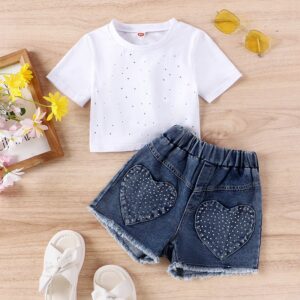 Girls Fashion Rhinestone Top Denim Shorts Two-Piece Set
