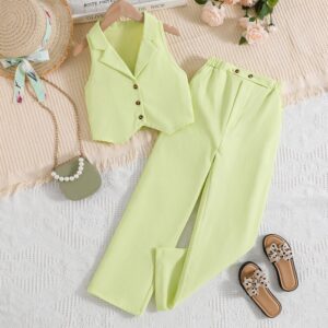 Girls Fashionable Solid Color Sleeveless Vest And Trousers Two-Piece Set