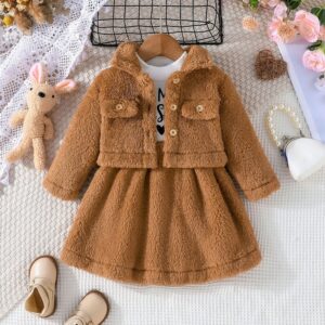 Girls Winter Fashion Solid Color Plush Jacket And Patchwork Dress Two-Piece Set