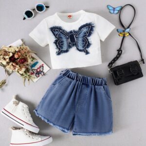 Girls Fashion Butterfly Patch Top And Denim Shorts Two-Piece Set