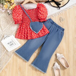 Girls Fashion Heart-Shaped Printed Bubble Sleeve Top And Jeans Bag Three-Piece Set