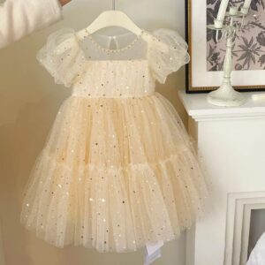 Girls Fashion Sequin Bubble Sleeve Mesh Tutu Dress