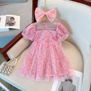 Girls Fashion Printed Mesh Bow Short Sleeve Dress