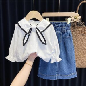 Girls Cute Navy Collar Shirt And Jeans Two-Piece Set