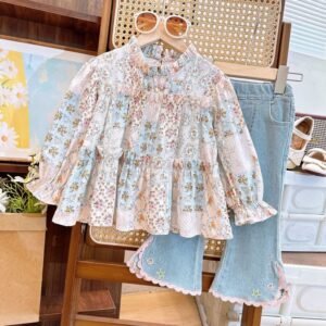 Girls Fashion Tiny Flower Print Shirt And Jeans Two-Piece Set