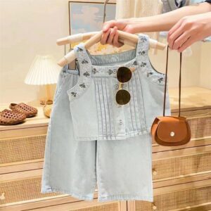 Girls Fashion Denim Tank Top And Jeans Two-Piece Set