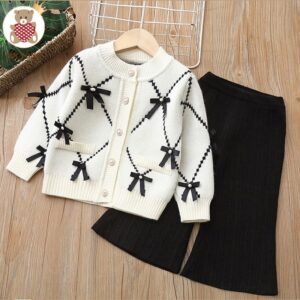 Girls Winter Fashion Bow Sweater And Pants Knit Two-Piece Set