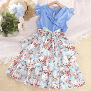 Kids Toddler Big Girls Fashion Casual Sleeveless V Neck Blouses Tiny Flower Print Skirt Set
