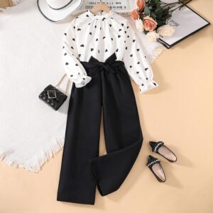 Kids Toddler Big Girls Spring Fashion Casual Heart Print Long Sleeve Blouses Solid Color Trousers Set