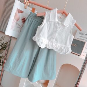 Kids Toddler Big Girls Casual Cute Solid Color Sleeveless Lapel Blouses Wide Leg Trousers Set