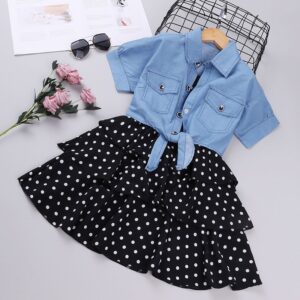 Kids Toddler Big Girls Fashion Casual Denim Short Sleeve Lapel Blouses Polka Dot Print Skirt Set