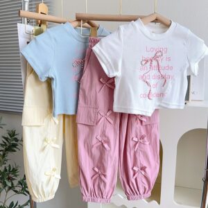 Kids Toddler Big Girls Casual Cute Letter Print Bow Short Sleeve T-Shirt Trousers Set