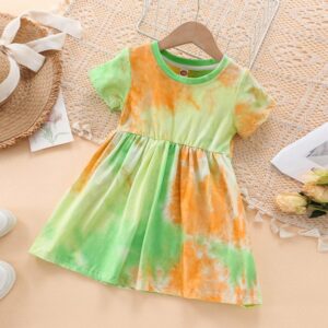 Girls Summer Tie-Dye Printed Short-Sleeve Dress