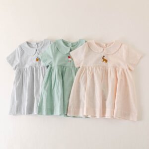 Kids Toddler Girls Casual Cute Embroidery Pattern Short Sleeve Peter Pan Collar Dress