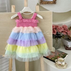 Kids Toddler Girls Casual Cute Rainbow Mesh Sleeveless Strap Dress