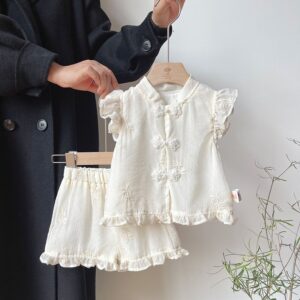 Kids Toddler Girls Casual Cute Embroidery Solid Color Fluttering Sleeve Top Shorts Set