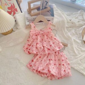 Kids Toddler Girls Casual Cute Tiny Flower Print Bow Sleeveless Camisole Shorts Set