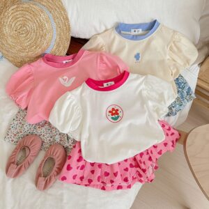 Kids Toddler Girls Casual Cute Cartoon Print Puff Sleeve T-Shirt Tiny Flower Shorts Set