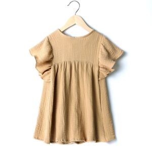 Kids Toddlers Girls Solid Color Skin-Friendly Flounce Sleeve Crewneck Lace-Up Princess Dress