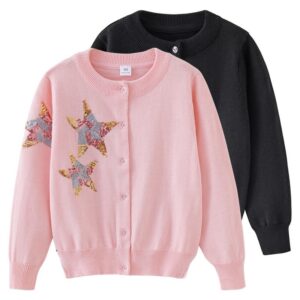 Kids Toddler Girls Autumn Winter Casual Cute Sequins Star Cardigan Knitted Long Sleeve Sweater