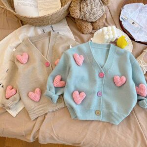 Kids Toddler Girls Autumn Winter Casual Cute Heart-Shaped Cardigan Knitted Long Sleeve Sweater