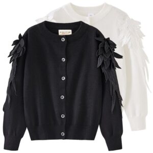 Kids Toddler Big Girls Autumn Winter Casual Cute Solid Color Wings Cardigan Knitted Long Sleeve Sweater