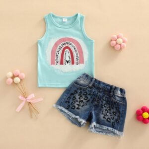 Kids Toddler Girls Fashion Casual Leopard Print Sleeveless Tank Top Denim Shorts Set