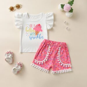Kids Toddler Girls Casual Cute Cartoon Letter Print Fluttering Sleeve T-Shirt Shorts Set